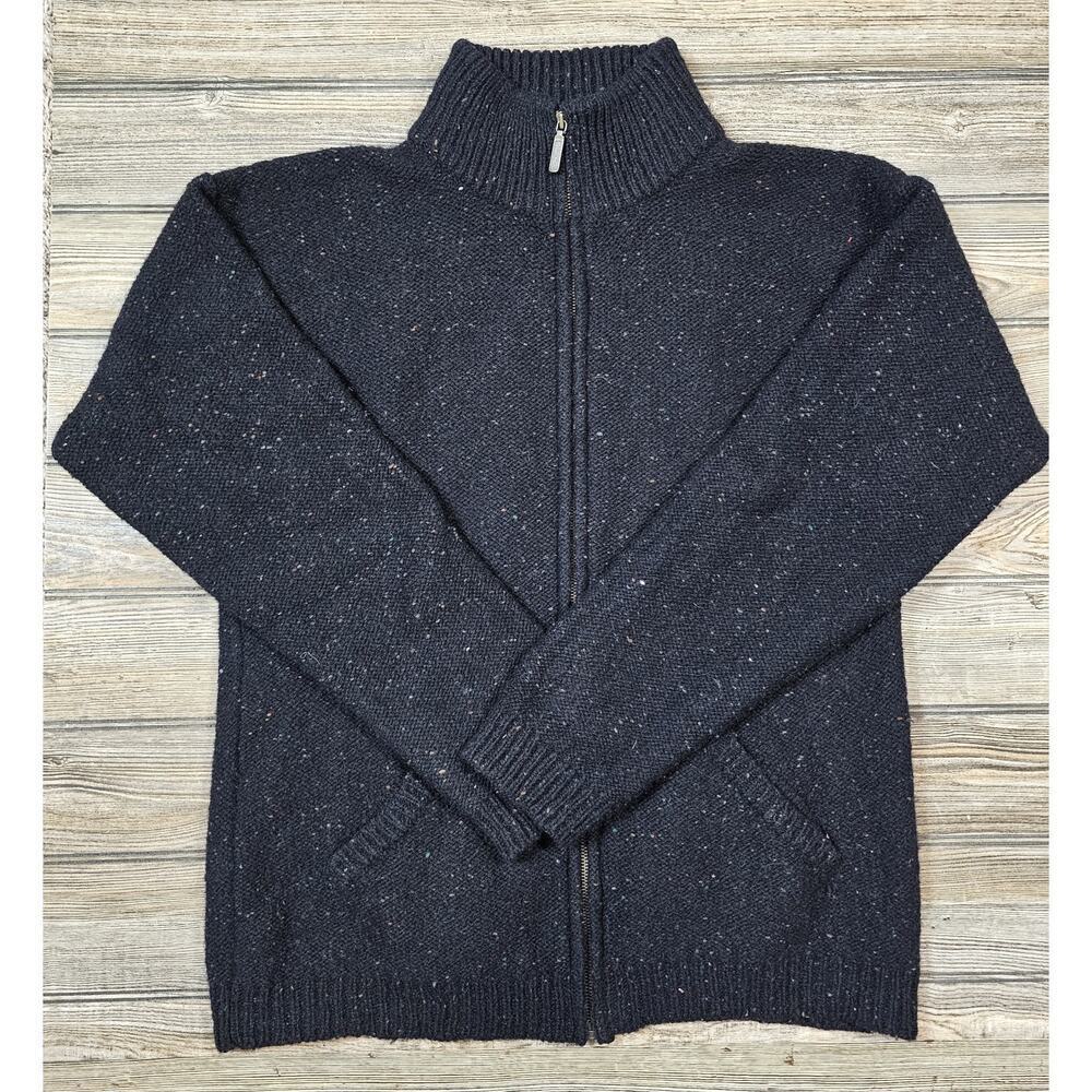 Vintage Eddie Bauer 100% Wool Knit Cardigan Mens Medium Full Zip Black Pockets